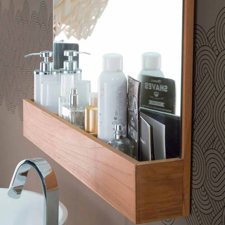 Lustro ścienne ze strukturą i schowkiem z drewna tekowego - Palima Viadurini