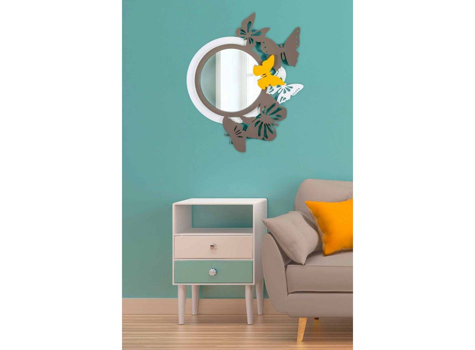 Nowoczesne okrągłe lustro z kolorowego drewna z motylami - Beat Viadurini