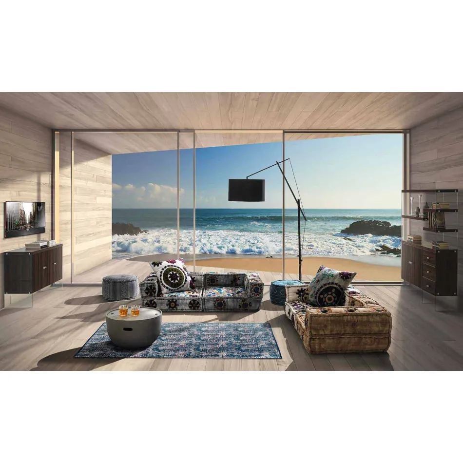 Prostokątny niebieski dywan bawełniany Kilim z kolorowym patchworkiem - włókno Viadurini