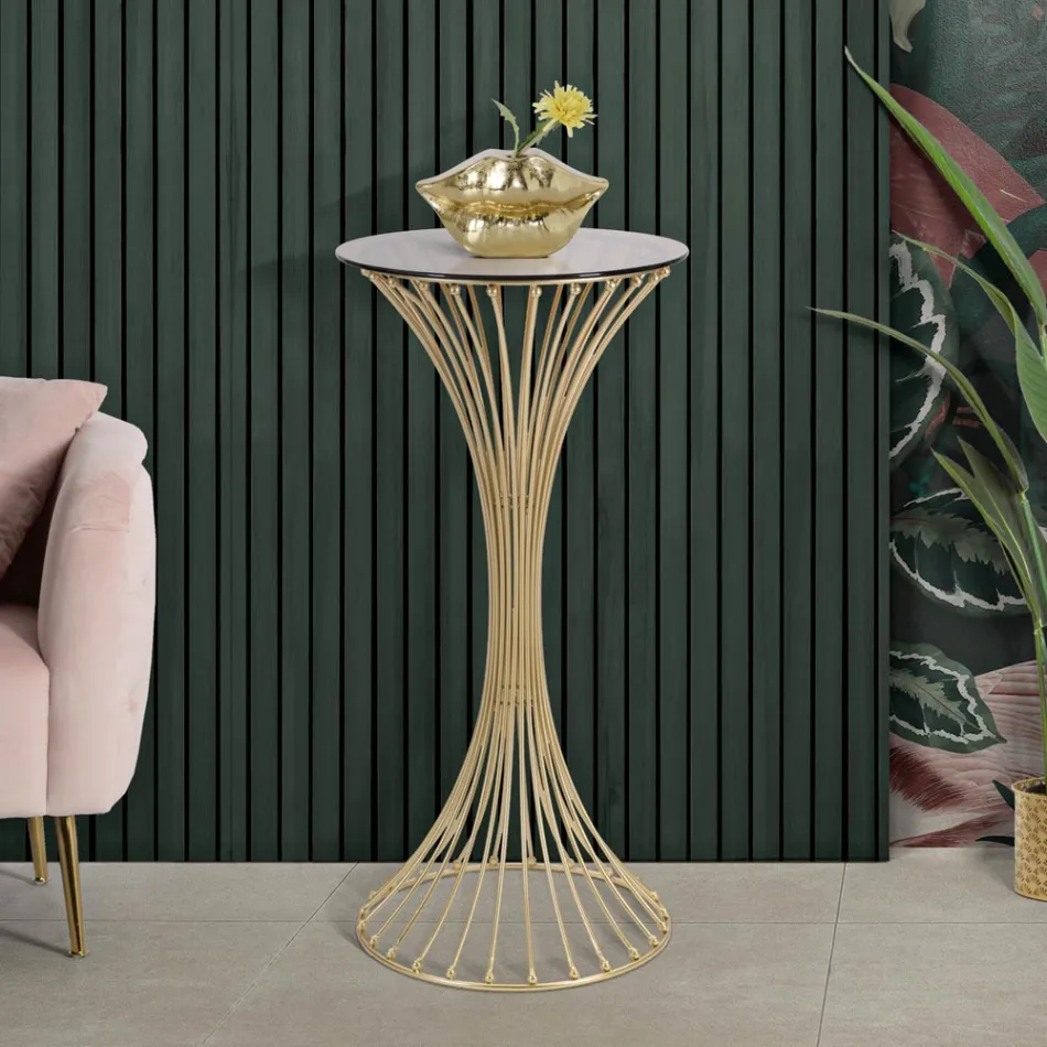 Okrągły wysoki stolik kawowy ze złotego żelaza z kulami i blatem z dymionego szkła - Dexter Viadurini