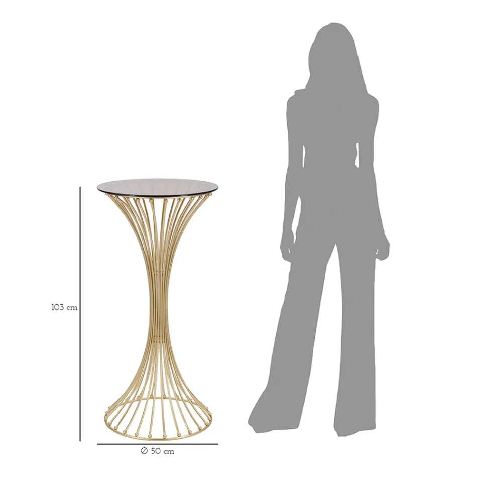 Okrągły wysoki stolik kawowy ze złotego żelaza z kulami i blatem z dymionego szkła - Dexter Viadurini