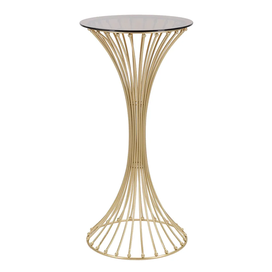 Okrągły wysoki stolik kawowy ze złotego żelaza z kulami i blatem z dymionego szkła - Dexter Viadurini