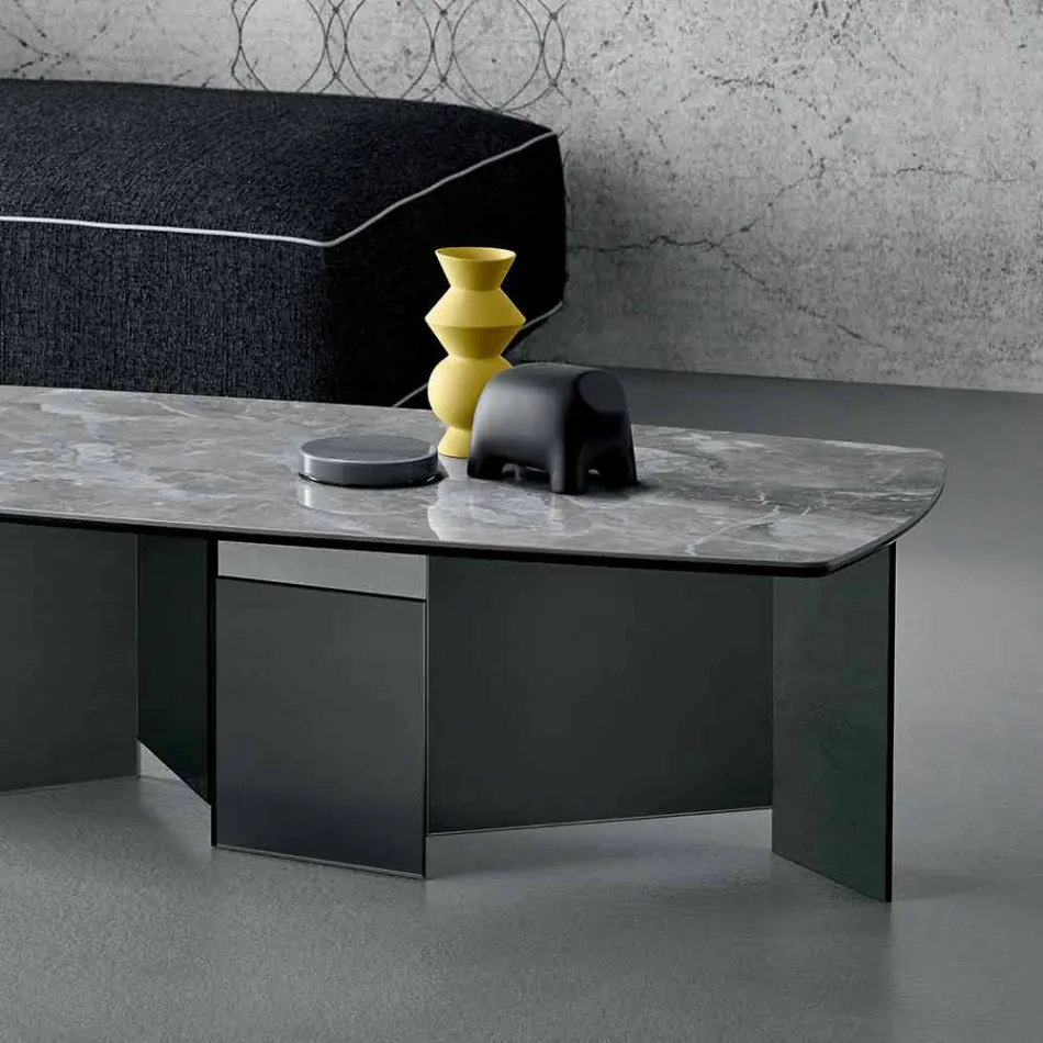 Niski stolik kawowy Salon Ceramiczny blat i nogi ze szkła wędzonego 3 rozmiary - losowo Viadurini