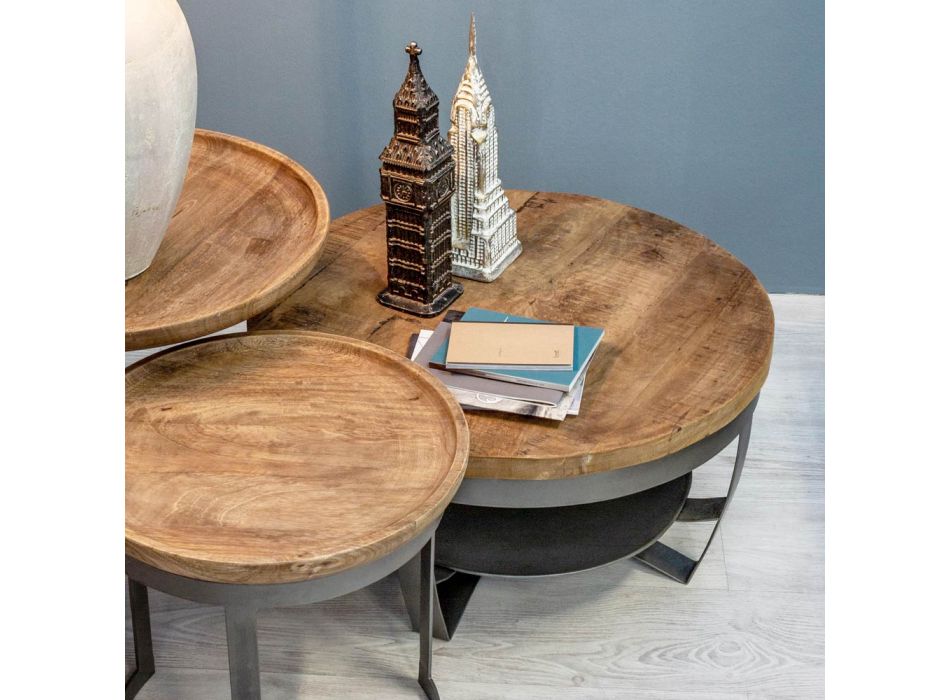 Niski okrągły stolik kawowy do salonu z drewna i stali mango - Moncheri Viadurini