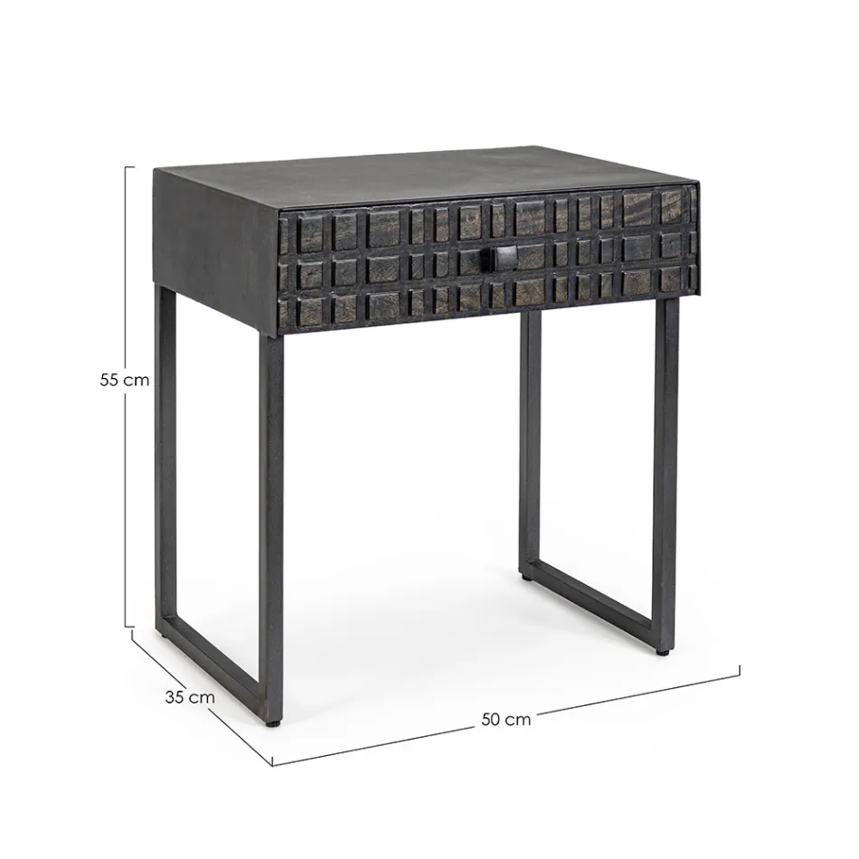 Stolik nocny ze stali i drewna mango o etnicznym designie - Mireo Viadurini