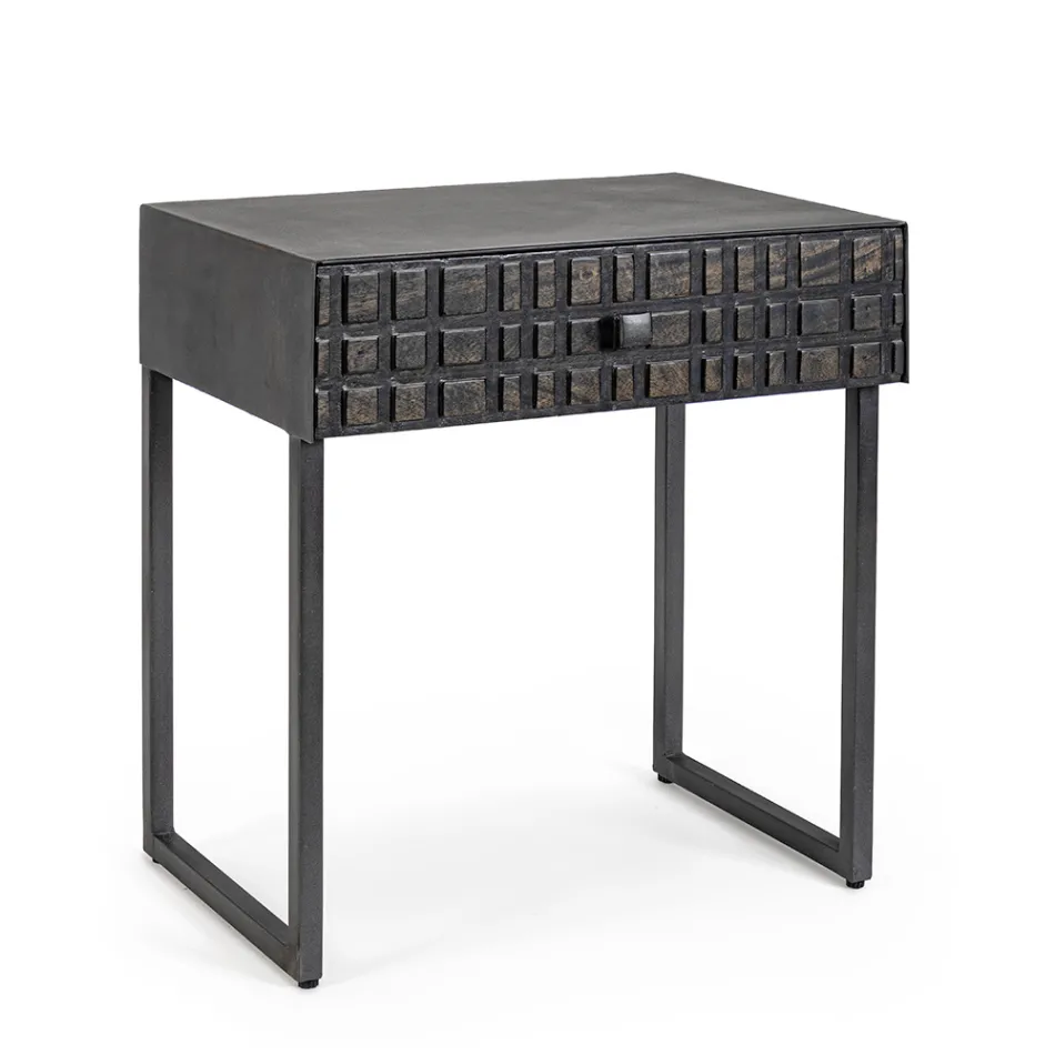 Stolik nocny ze stali i drewna mango o etnicznym designie - Mireo Viadurini