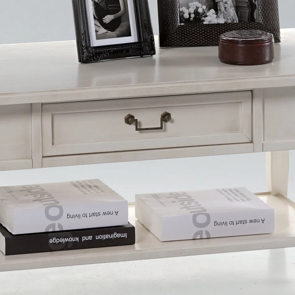 Stolik kawowy z szufladą i półką z patynowanego drewna Wyprodukowano we Włoszech - Tuoni Viadurini