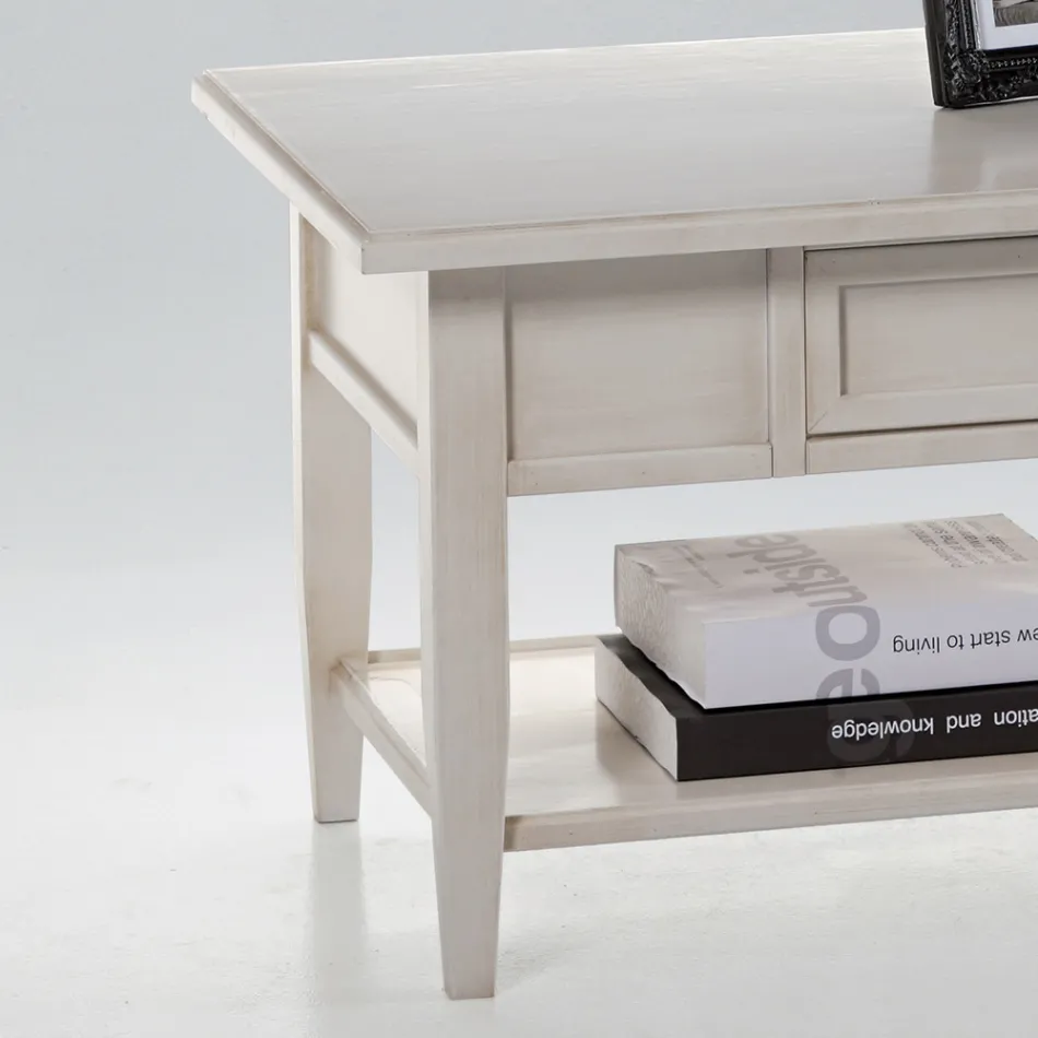 Stolik kawowy z szufladą i półką z patynowanego drewna Wyprodukowano we Włoszech - Tuoni Viadurini