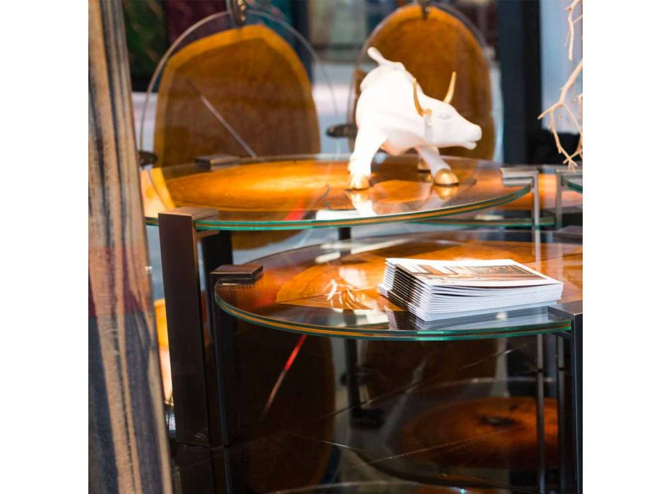 Nowoczesny wysoki stolik kawowy ze szklanym blatem i drewnem Bigo 1 Viadurini