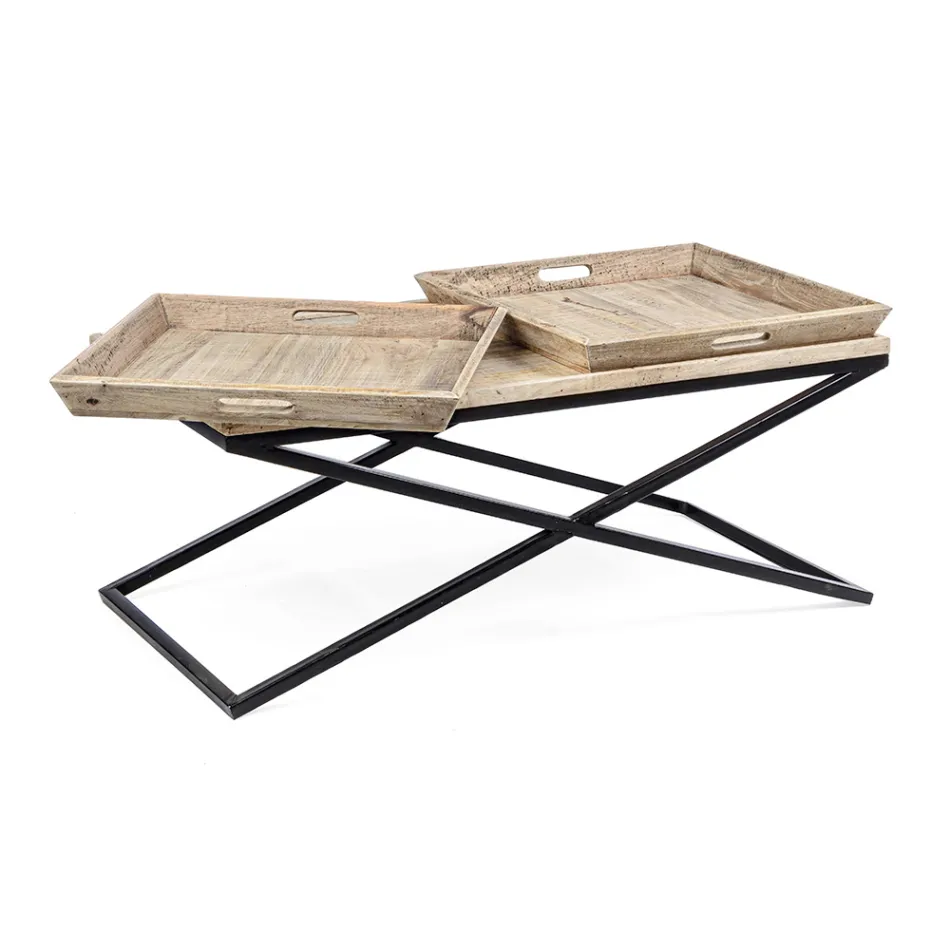 Stolik kawowy ze stali z tacą z drewna mango - Cesira Viadurini