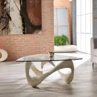 Stolik kawowy ze szklanym blatem i podstawą z kamienia kopalnego - Kalifornia Viadurini