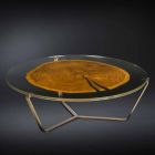 Stolik kawowy z okrągłym szkłem i drewnianym blatem Made in Italy - Baviera Viadurini