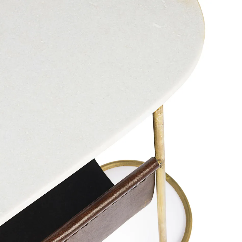 Stolik kawowy ze stali i marmuru ze skórzanym stojakiem na czasopisma - Aretone Viadurini