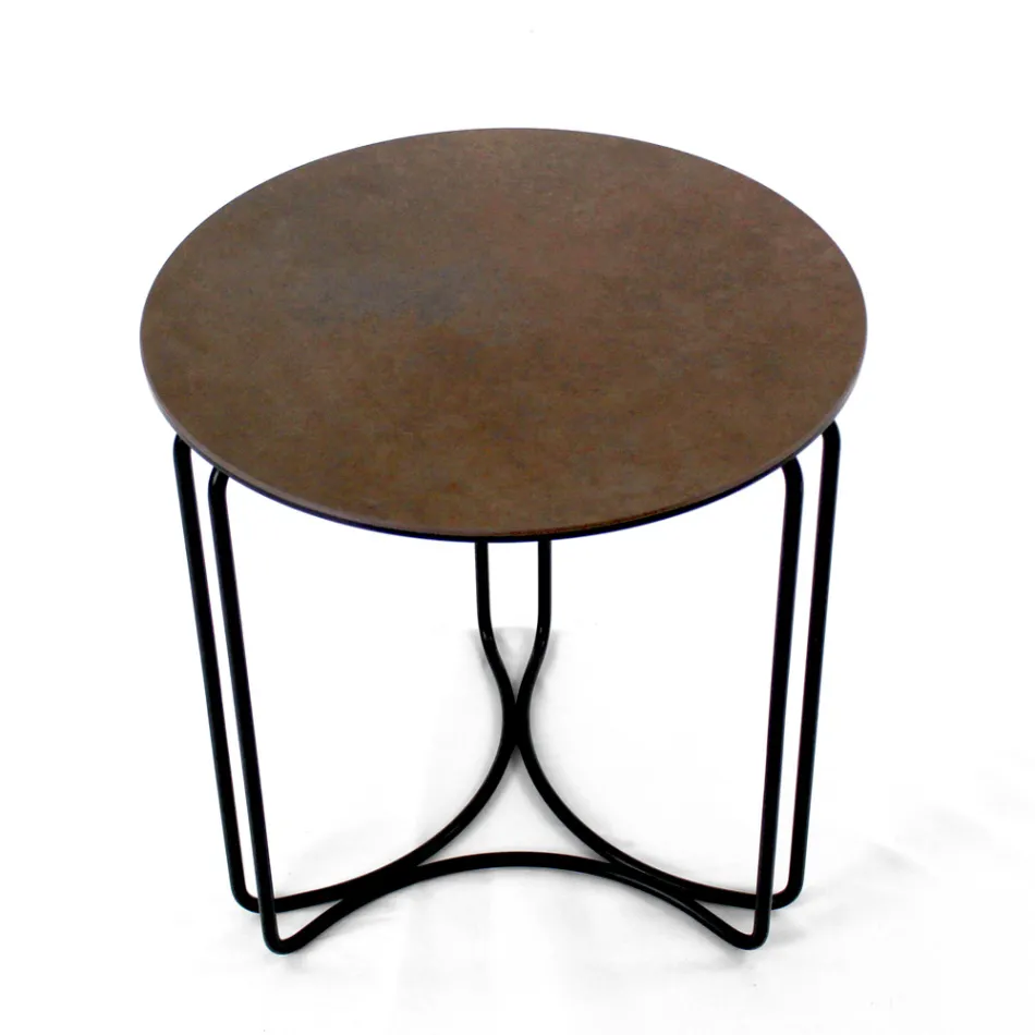 Stolik kawowy z okrągłej kamionki i podstawy z 3 półksiężycami Made in Italy - Arepa Viadurini