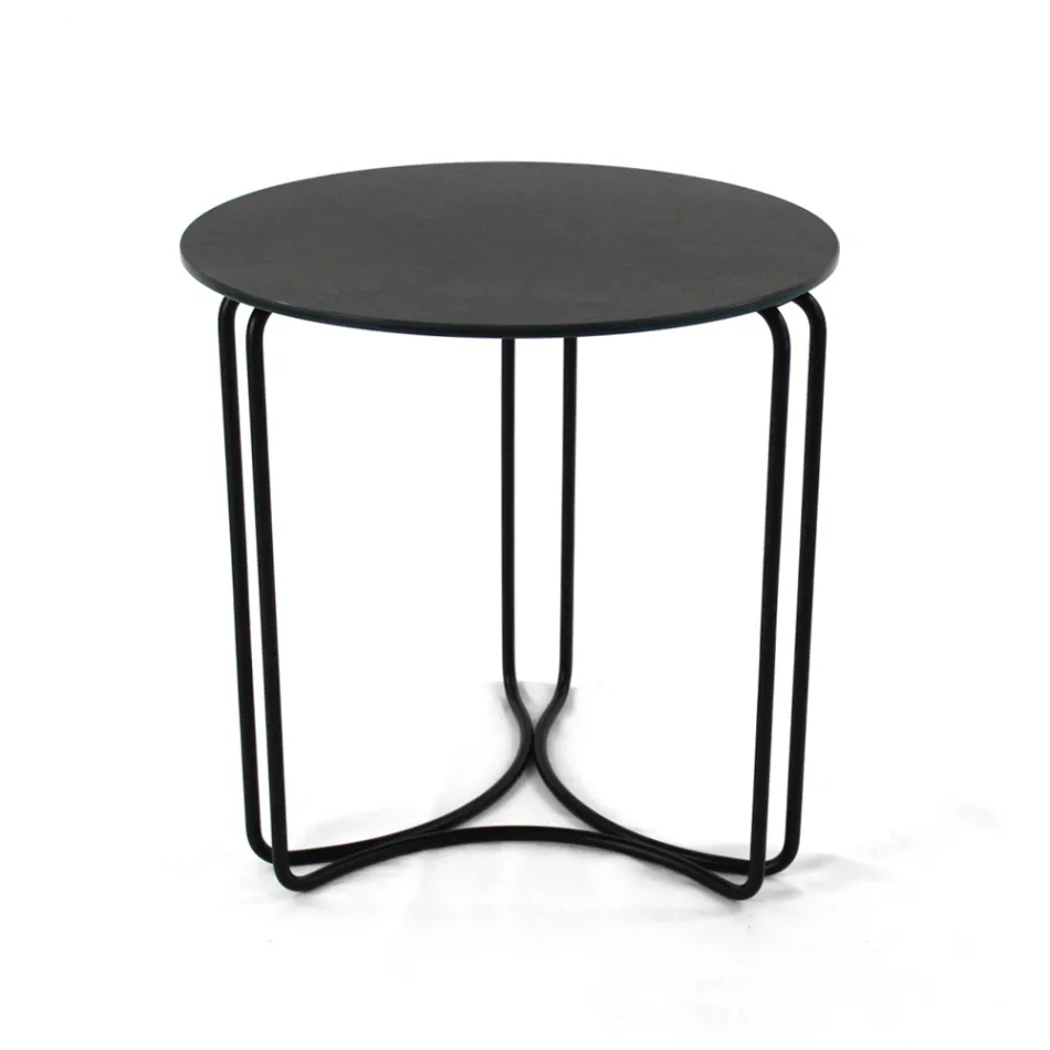 Stolik kawowy z okrągłej kamionki i podstawy z 3 półksiężycami Made in Italy - Arepa Viadurini