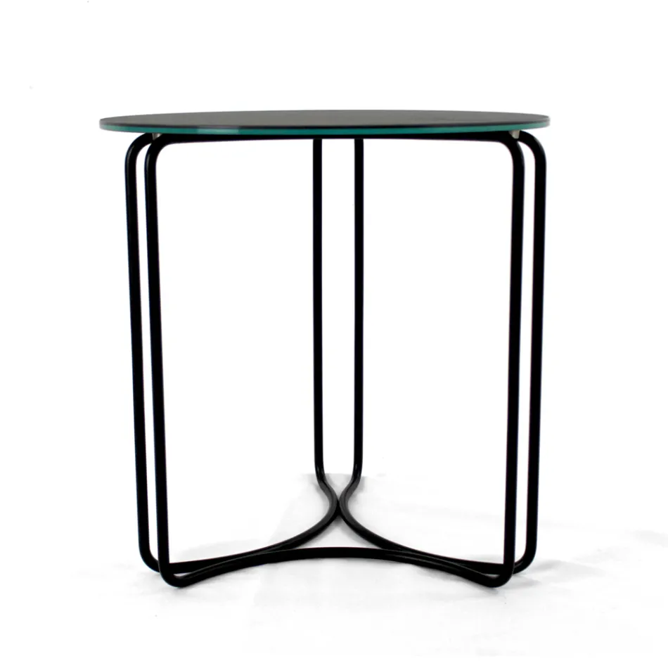 Stolik kawowy z okrągłej kamionki i podstawy z 3 półksiężycami Made in Italy - Arepa Viadurini