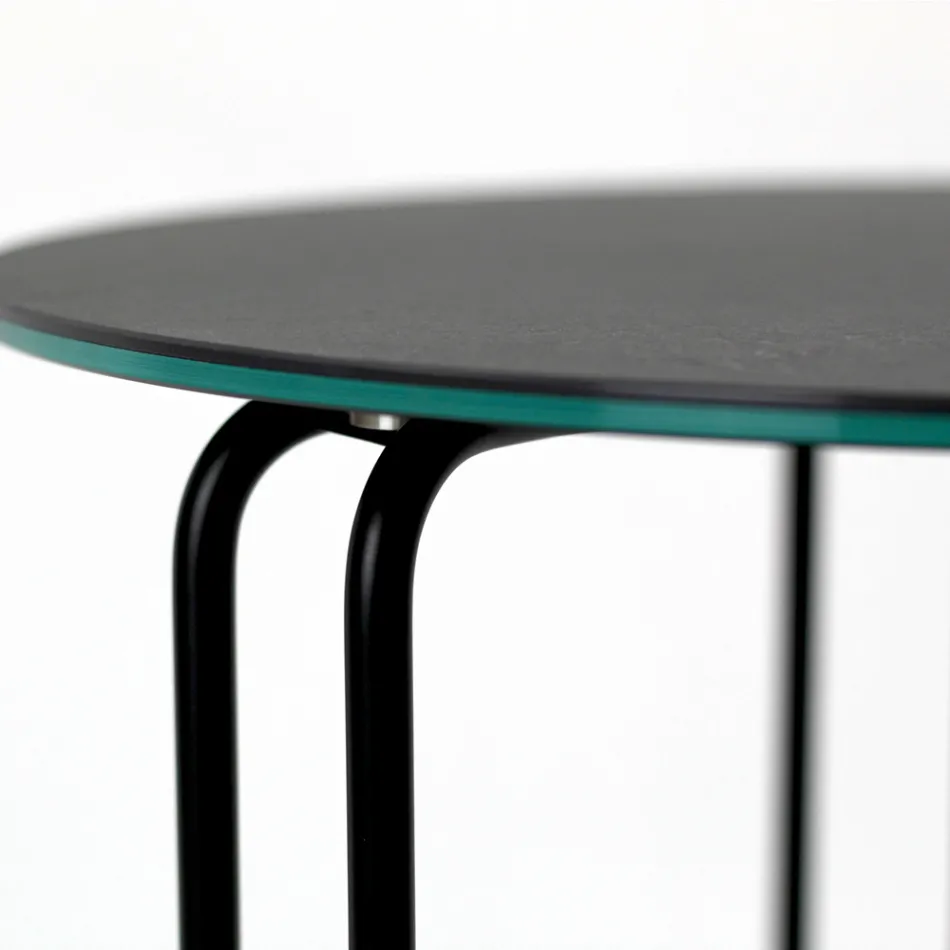 Stolik kawowy z okrągłej kamionki i podstawy z 3 półksiężycami Made in Italy - Arepa Viadurini