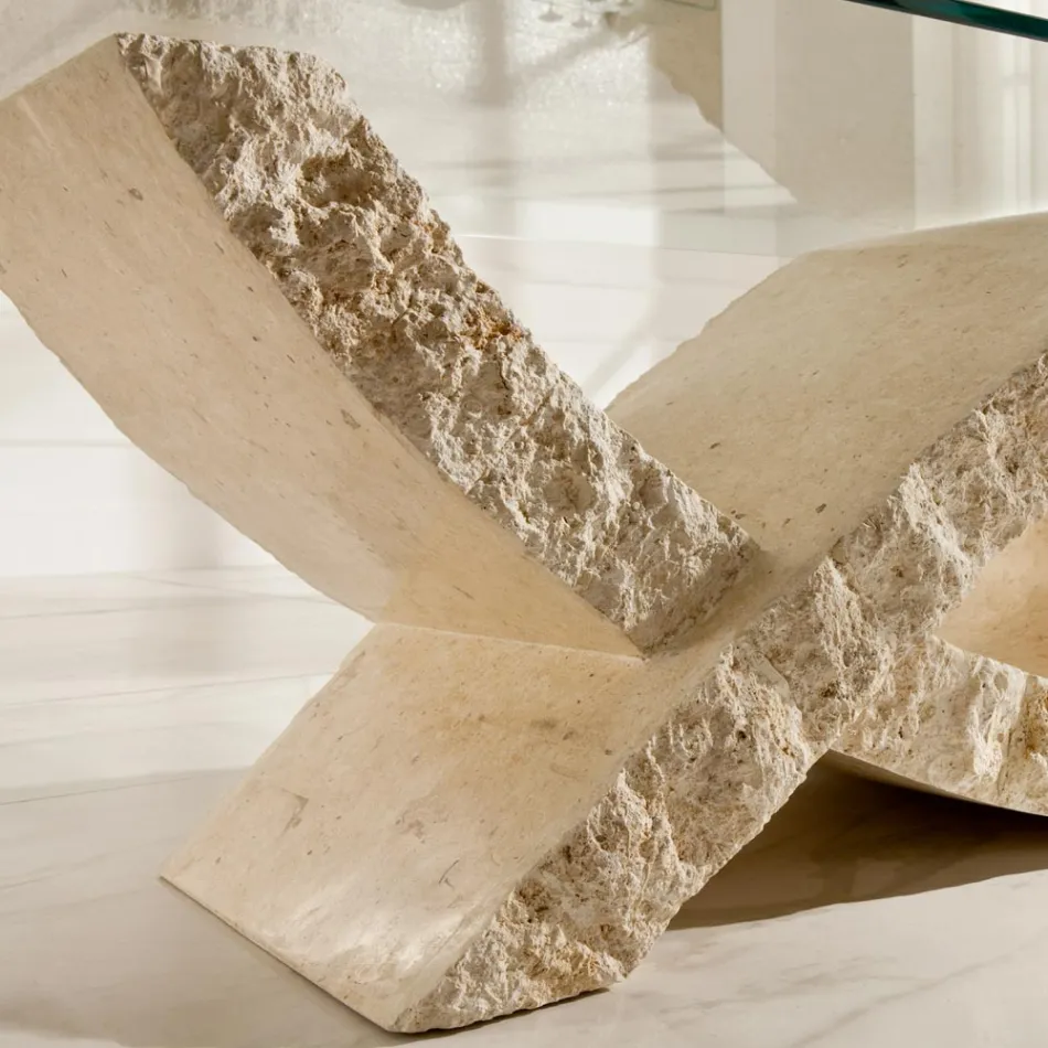 Stolik kawowy Fossil Stone z przezroczystym szklanym blatem - Kansas Viadurini