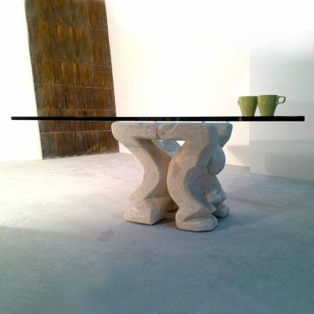 Stolik kwadratowy kamień i szkło salon z Medusa-S projektowania Viadurini