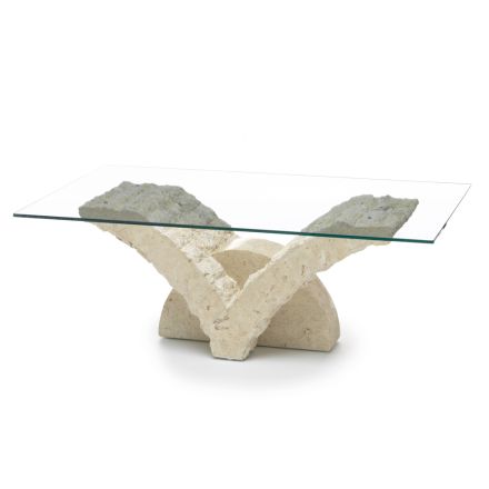 Prostokątny stolik kawowy z podstawą z białego kamienia kopalnego - Gardenia Viadurini