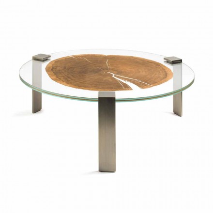 Niski okrągły stolik kawowy ze szklanym blatem i drewnem Buck Viadurini