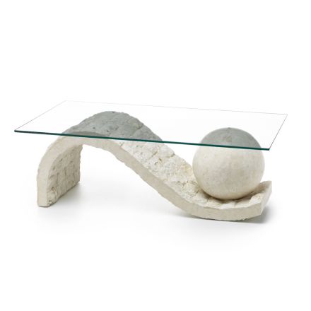 Stolik kawowy do salonu ze szklanym blatem i podstawą z kamienia kopalnego - kula Viadurini
