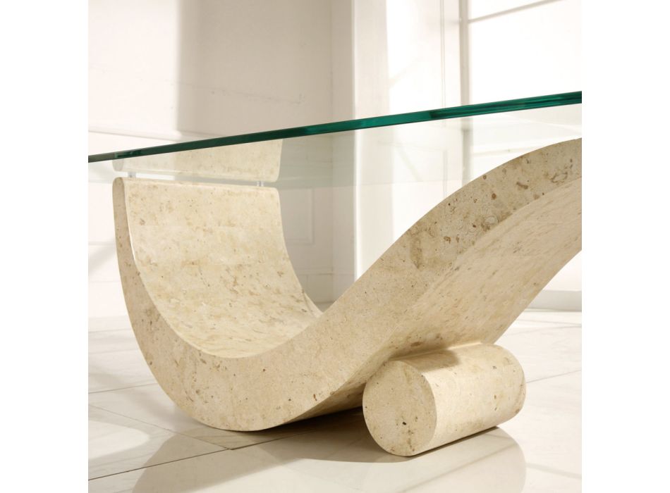 Stolik kawowy o nowoczesnym designie ze szklanym blatem i podstawą z kamienia kopalnego - uzupełnienie Viadurini