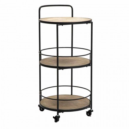 Nowoczesny stolik kawowy z żelaza i płyty MDF z kółkami i 3 półkami - Lennox Viadurini