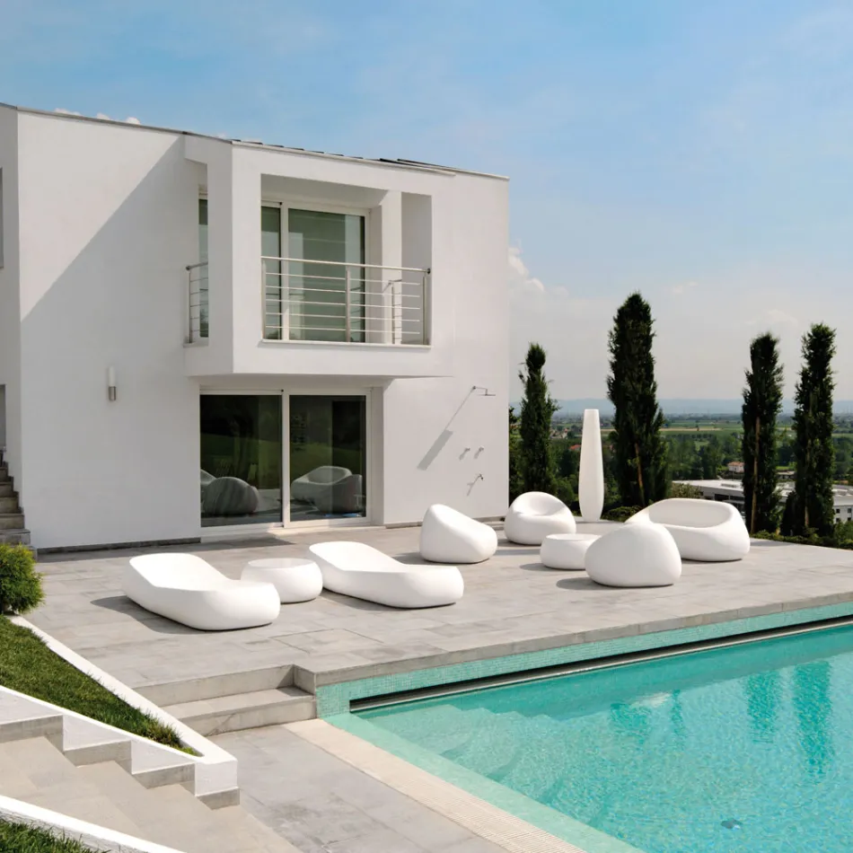 Stolik kawowy ogrodowy z okrągłym blatem z polietylenu Made in Italy - Tibaldo Viadurini