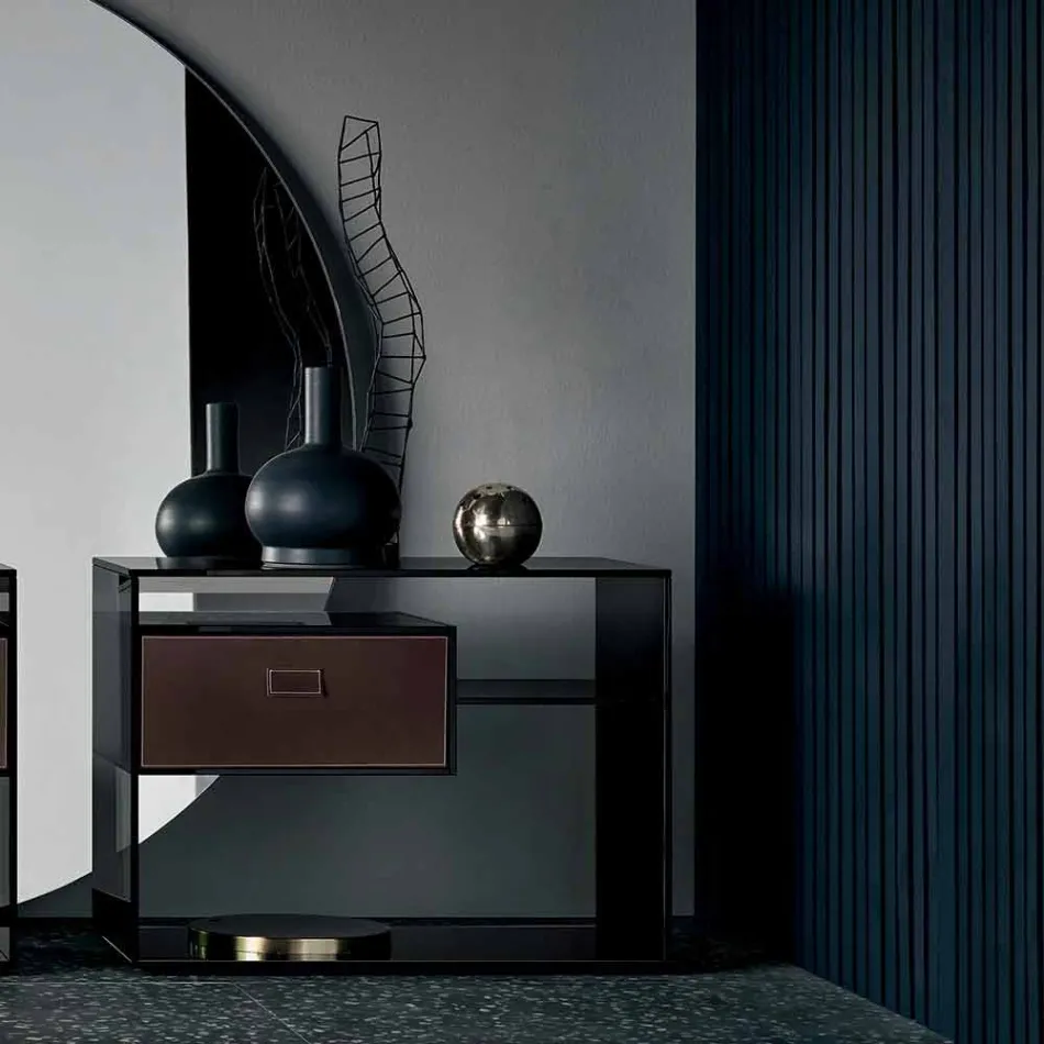 Stolik nocny lub stolik nocny w przydymionym szkle ze skórzaną szufladą - Linzy Viadurini