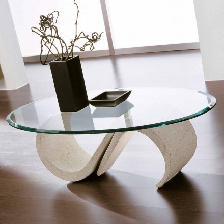 Owalny stolik kawowy ze skośnego szkła i syntetycznego marmuru Made in Italy - Barbera Viadurini