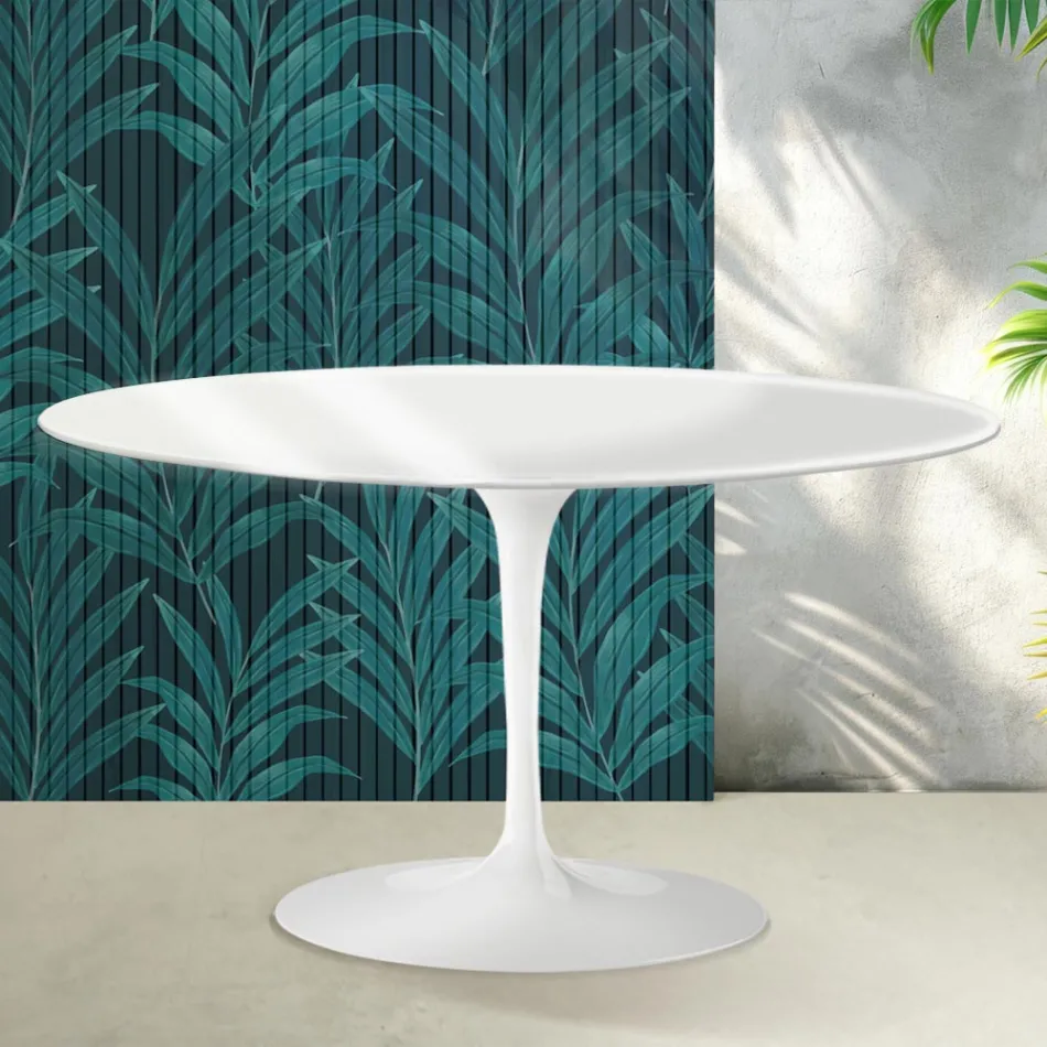 Stolik kawowy Saarinen Tulip Oval H 41 cm w połyskującej białej ceramice Florim - Scarlet Viadurini