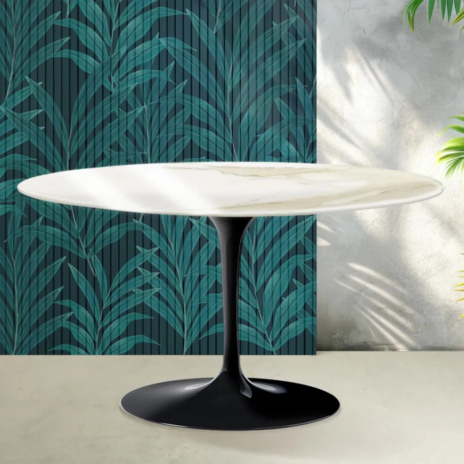 Stolik kawowy Saarinen Tulip Oval H 41 cm w połyskującej ceramice Calacatta Gold Florim w kolorze szkarłatnym Viadurini