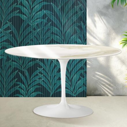 Stolik kawowy Saarinen Tulip Oval H 41 cm w połyskującej ceramice Calacatta Gold Florim w kolorze szkarłatnym Viadurini