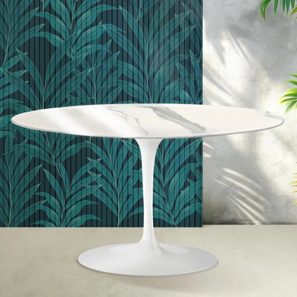 Stolik kawowy Saarinen Tulip Oval H 41 cm z błyszczącej ceramiki Statuario Florim w kolorze szkarłatnym Viadurini