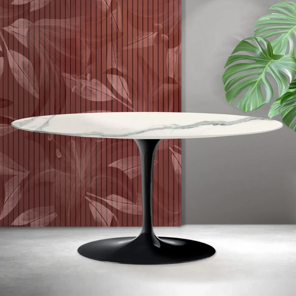 Stolik kawowy Saarinen Tulip Oval H 41 cm z matowej ceramiki Florim Statuario w kolorze szkarłatnym Viadurini