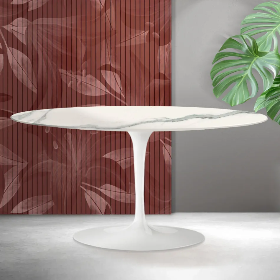 Stolik kawowy Saarinen Tulip Oval H 41 cm z matowej ceramiki Florim Statuario w kolorze szkarłatnym Viadurini