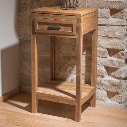 Stolik kawowy z litego drewna tekowego z 1 szufladą - akrylowy Viadurini