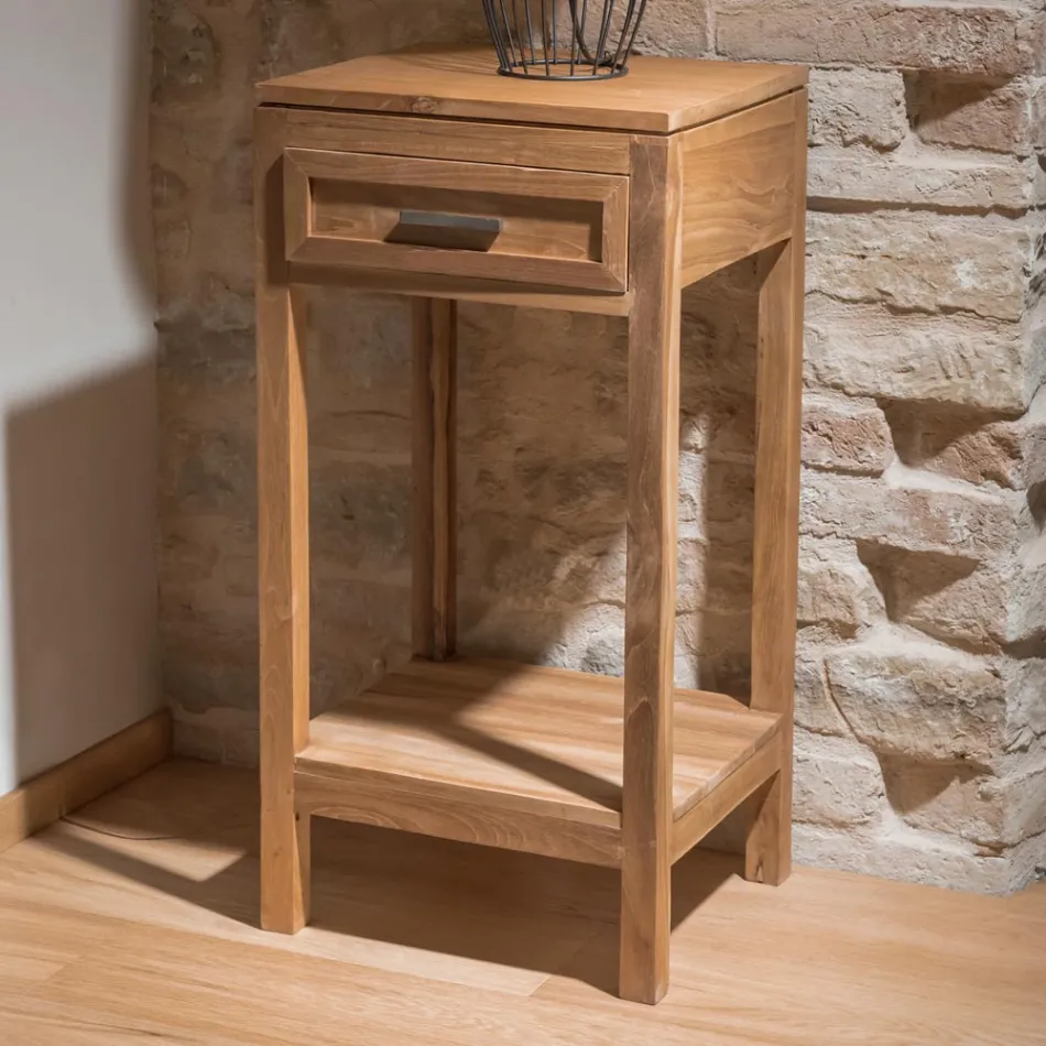 Stolik kawowy z litego drewna tekowego z 1 szufladą - akrylowy Viadurini