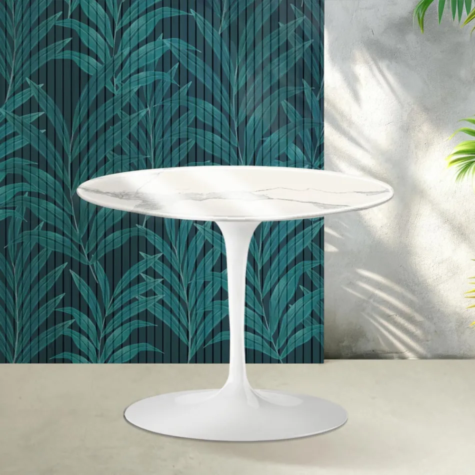 Okrągły stolik kawowy Saarinen Tulip H 41 cm z błyszczącej ceramiki Statuario Florim w kolorze szkarłatnym Viadurini