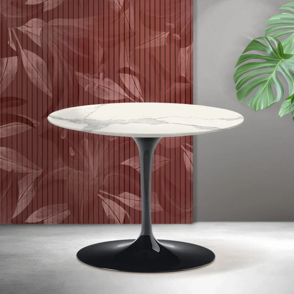 Okrągły stolik kawowy Saarinen Tulip H 41 cm z matowej ceramiki Florim Statuario w kolorze szkarłatnym Viadurini
