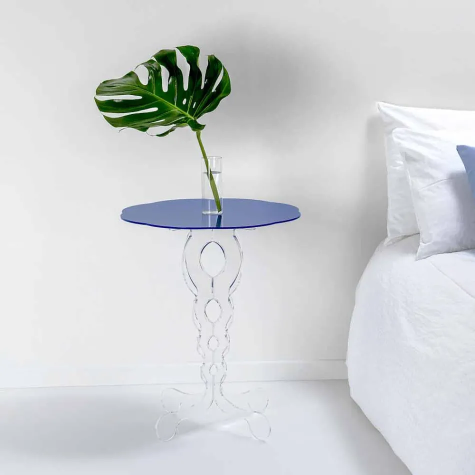 Mały okrągły stół niebieski o średnicy 50 cm nowoczesny design Janis, wykonany we Włoszech Viadurini