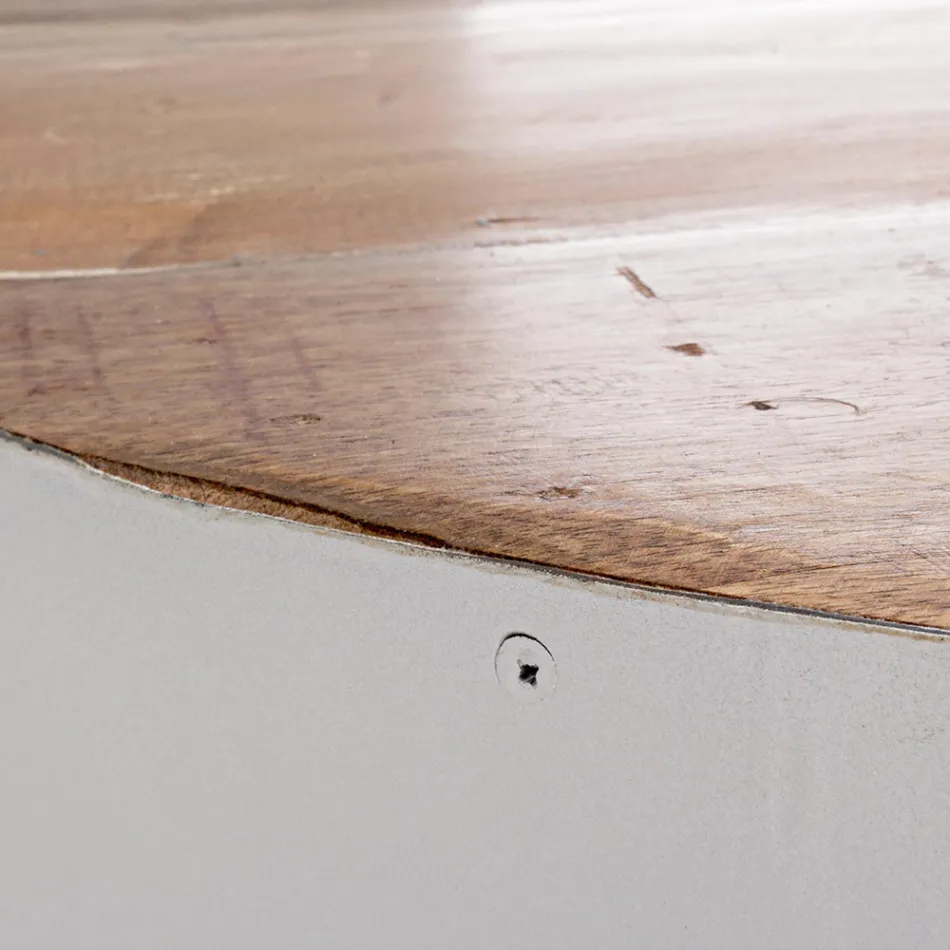 Okrągły stolik kawowy z drewna z recyklingu i stali w kolorze białym lub szarym - Genoveffa Viadurini