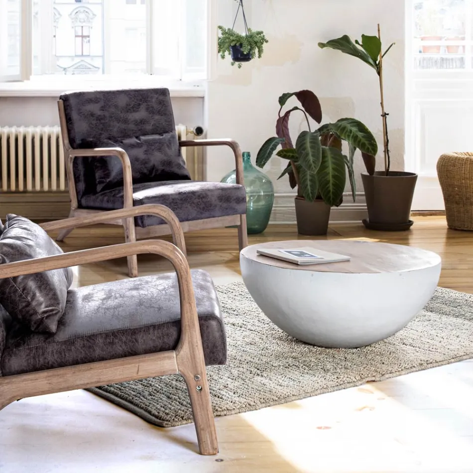 Okrągły stolik kawowy z drewna z recyklingu i stali w kolorze białym lub szarym - Genoveffa Viadurini