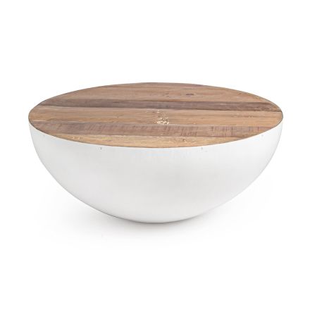 Okrągły stolik kawowy z drewna z recyklingu i stali w kolorze białym lub szarym - Genoveffa Viadurini