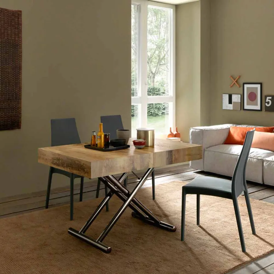 Rozkładany stolik kawowy z drewna i czarnego metalu Made in Italy - Niverio Viadurini