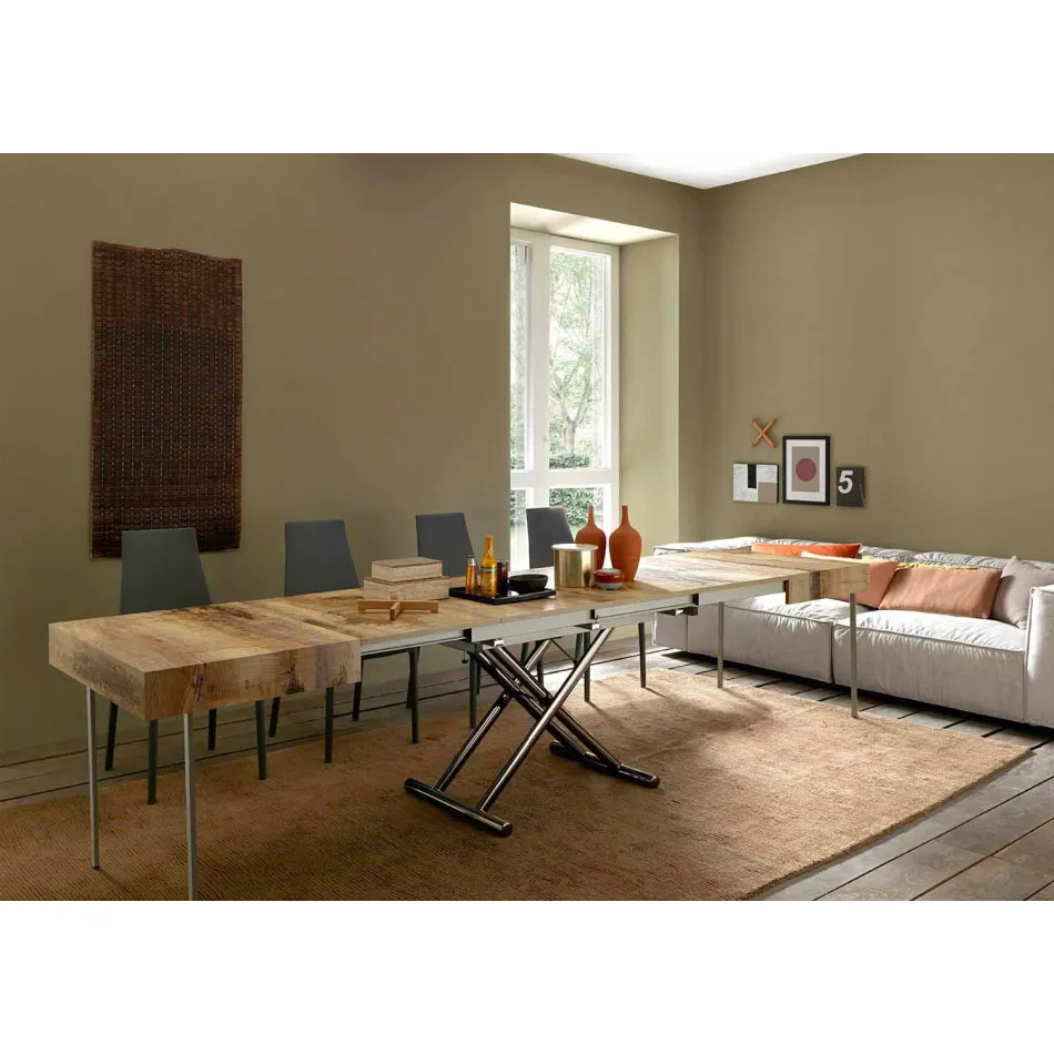 Rozkładany stolik kawowy z drewna i czarnego metalu Made in Italy - Niverio Viadurini