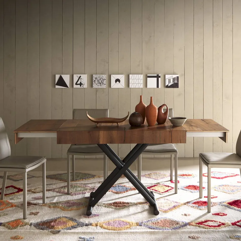 Transformowalny stolik kawowy z metalu i drewna Made in Italy - Polaris Viadurini