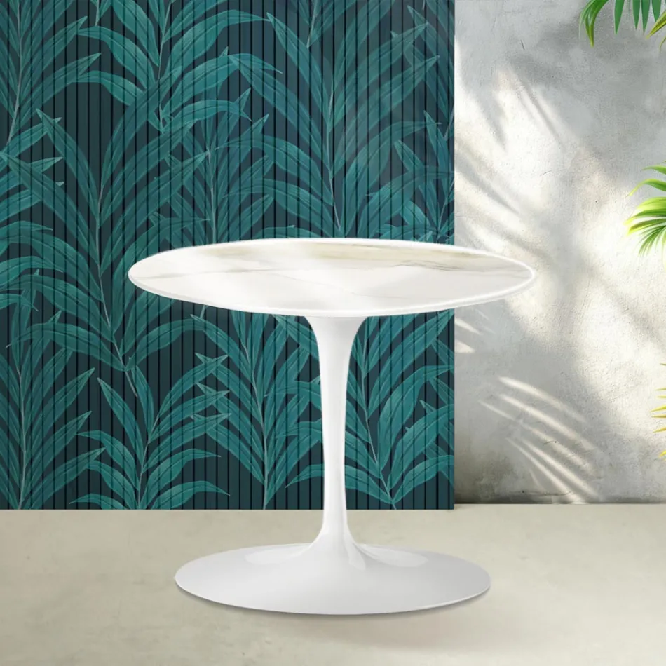 Stolik kawowy Saarinen Tulip, wys. 39 cm, z błyszczącej ceramiki Calacatta Gold Florim w kolorze szkarłatnym Viadurini