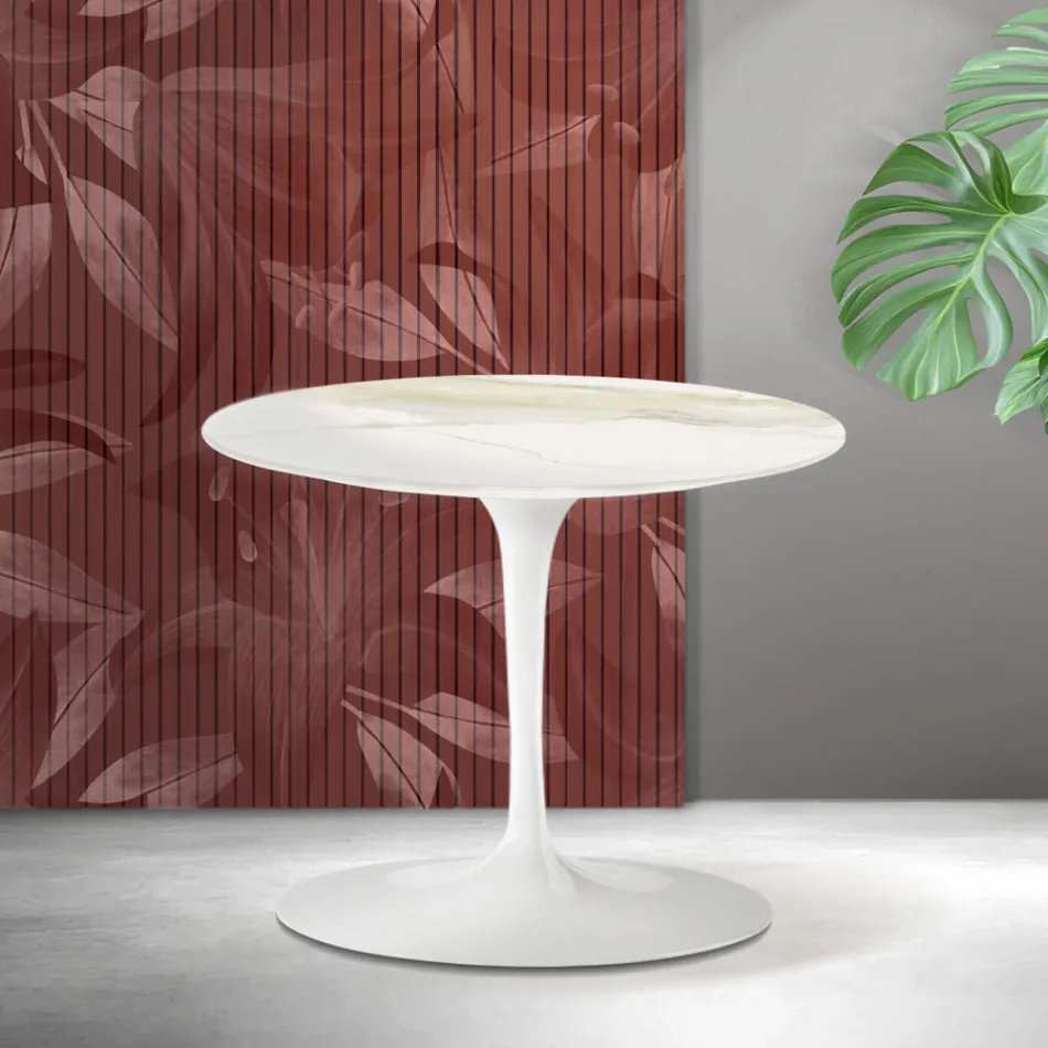 Stolik kawowy Saarinen Tulip, wys. 39 cm, z ceramiki Florim Calacatta Gold Matt - Scarlet Viadurini